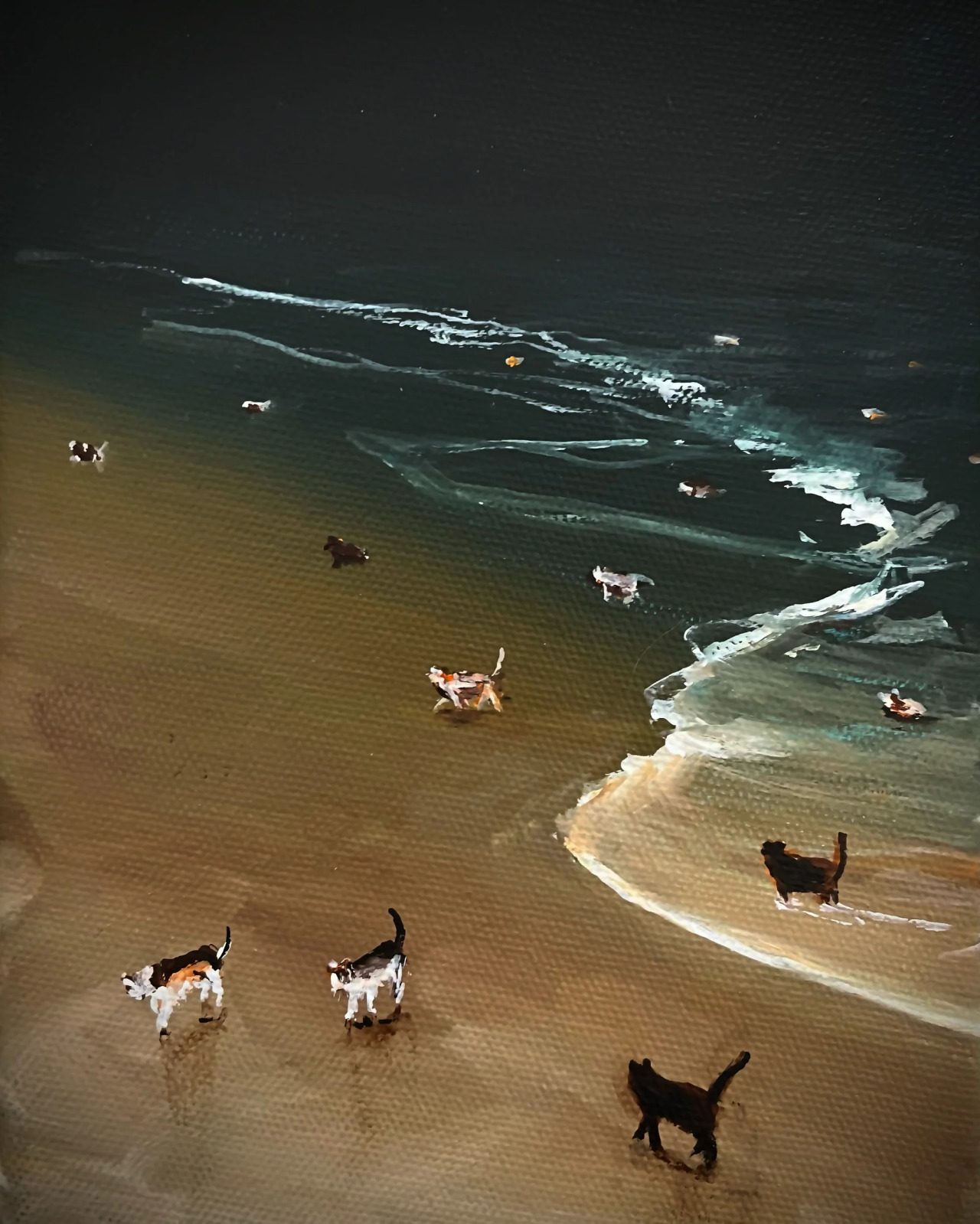 A painting of cats walking out of the ocean. In the background more cats can be seen swimming toward the shore.